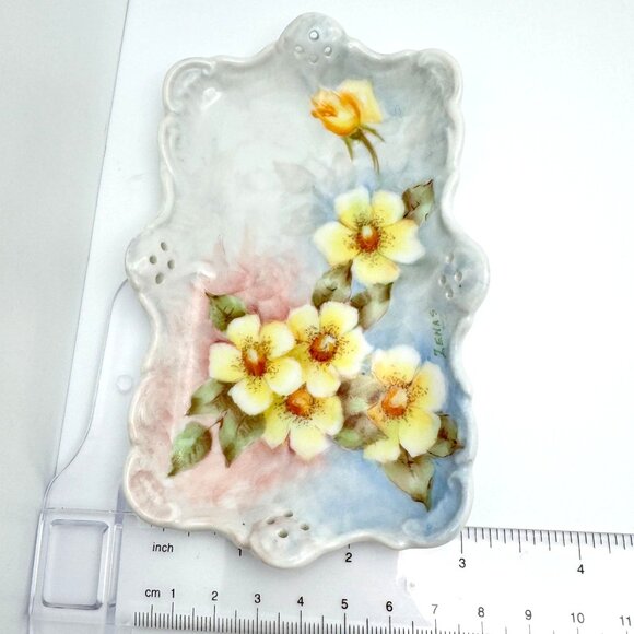 Hand Painted Vintage Yellow FlowerTrinket Tray Signed By Zenas 1940s - Picture 3 of 9